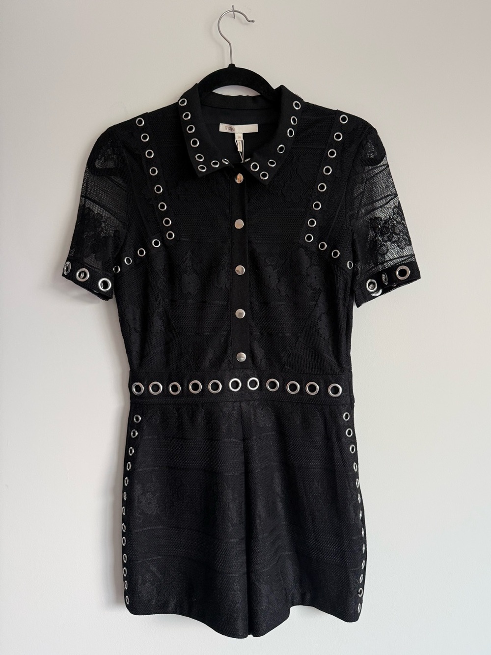 NWT Maje Black Lace Romper with Silver Grommet Details